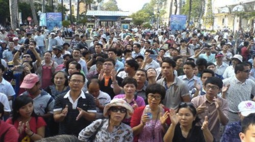 Vietnamese protesters on the street of Hanoi in March demanding for a new draft in the constitution that includes human rights.