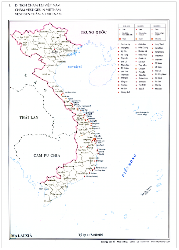 A map of Chăm vestiges in Việt Nam shows, with red dots, all the major temple sites in the country.
