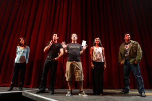 From left to right: Samantha Quan, Raymond Lee, Paco Tolson, Maureen Sebastian and Jon Hoche in the opening scene of Vietgone. Photo courtesy of South Coast Repertory.