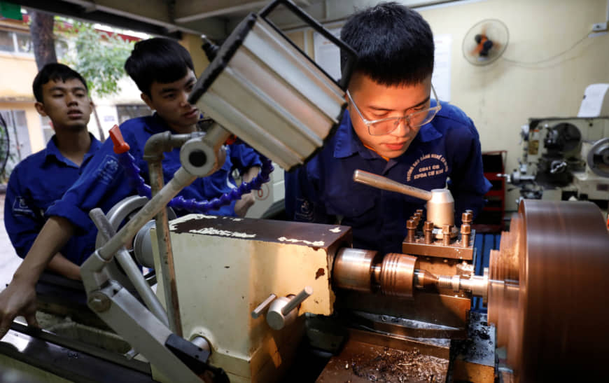 Students at a lab of an industrial vocational training college in Hanoi