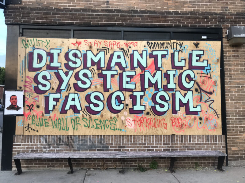 A storefront with boarded up windows. There is graffiti on the plywood. In light seafoam green, outlined in brown, the graffiti reads "Dismantle Systemic Fascism." 